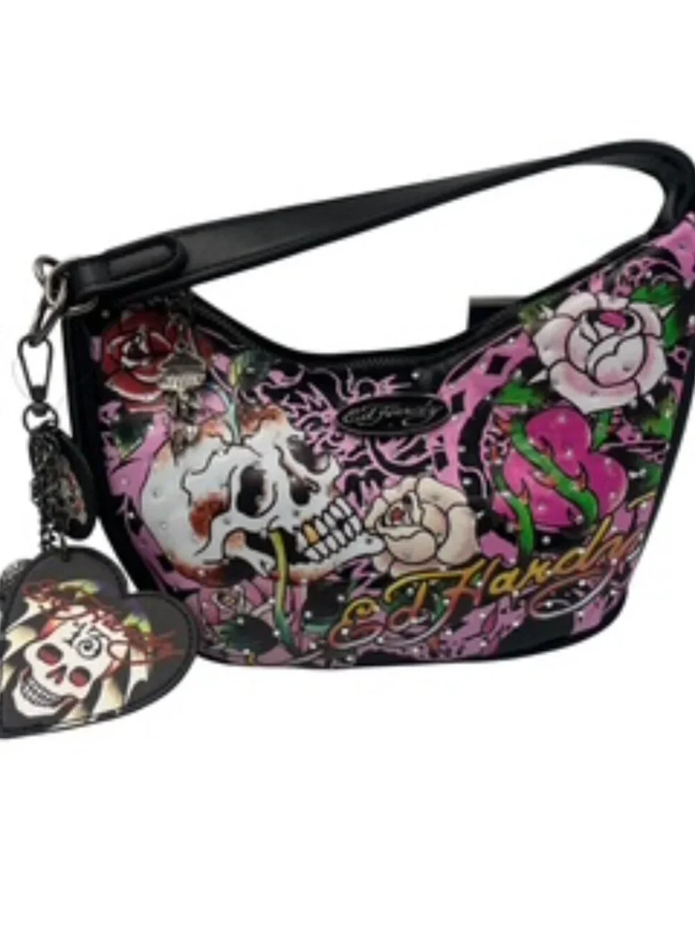 NEW Ed Hardy Crescent Hobo Bag Skull Rose Pink and Black tattoo Print Y2K Purse